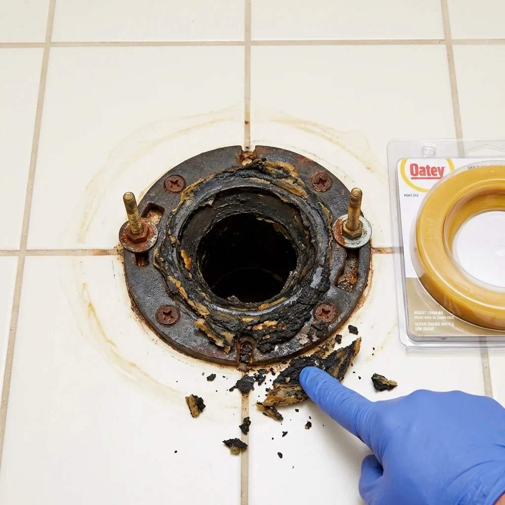 Failed wax ring showing water seepage at the base of a toilet in a Durham, NY home