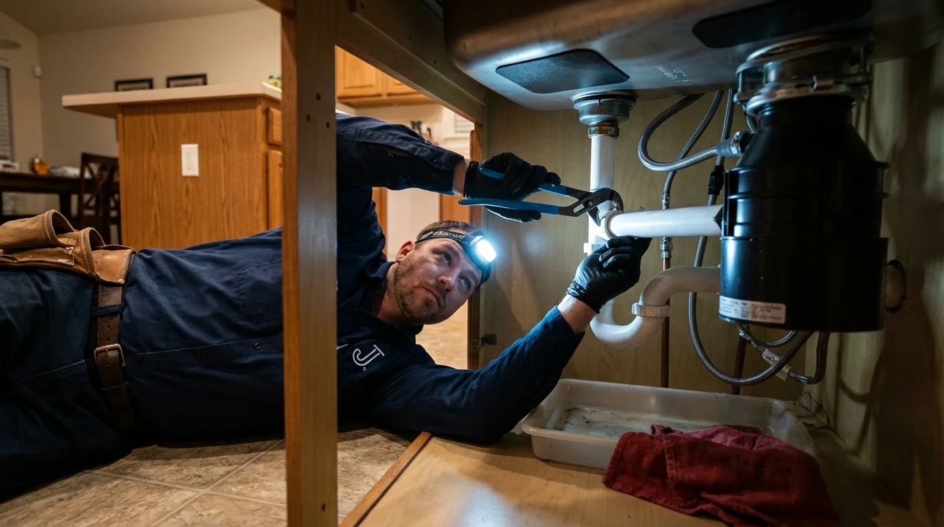 P-trap and supply line connections under a kitchen sink showing a common leak point in Durham, NY